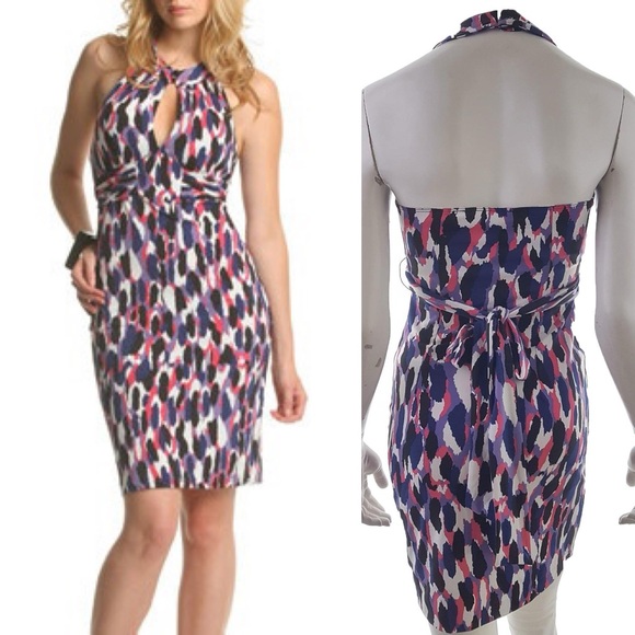 GUESS Keyhole Halter Open Back Multicolor Purple Pink Tie Back Mini Dress Sz L - Picture 1 of 9